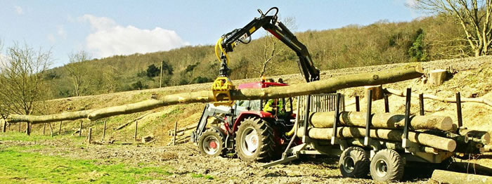 The bigger trailer is equipped with a 6 metre reach Botex 560TL crane which is capable of lifting substantial butts of timber with ease